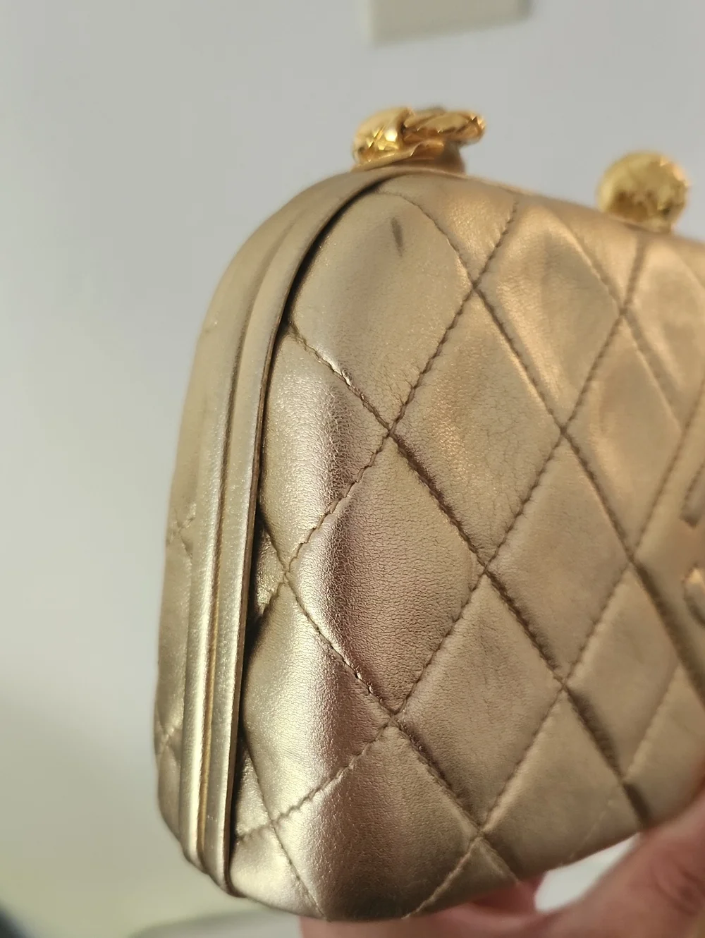 RARE Vintage Chanel Gold Kisslock Crossbody Bag With 24K Gold Plated Hardware